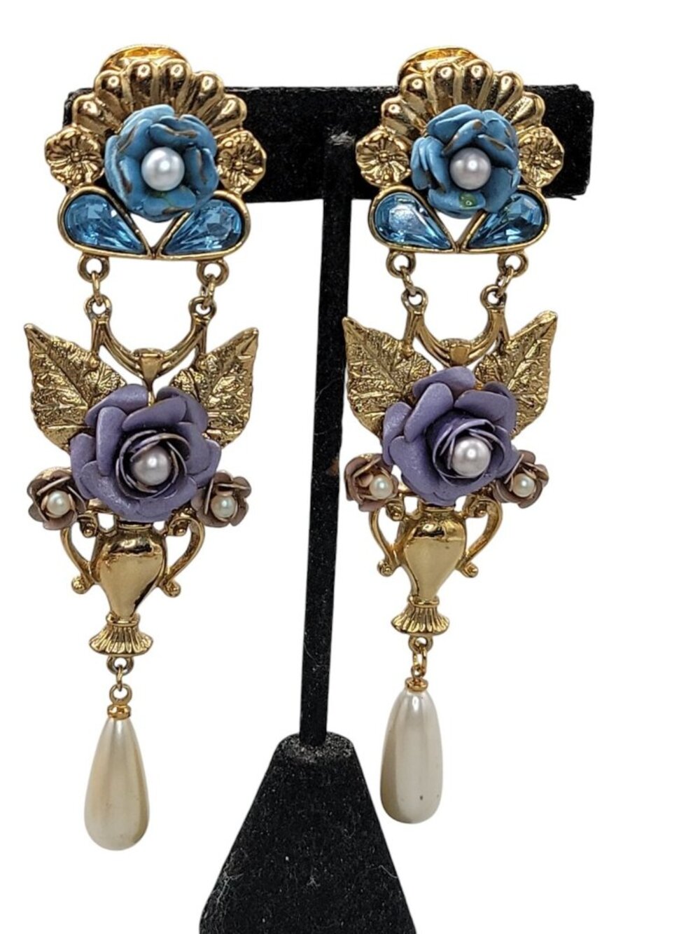 1928 Floral Dangling Statement Earrings Gold Plated Faux Pearl Rhinestones VTG - Picture 7 of 16